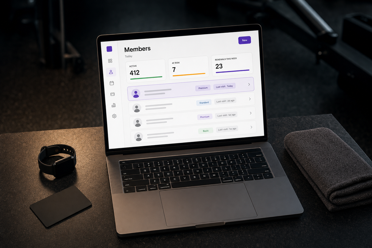 Top-down view of a tilted-open laptop on a charcoal desk lit by a warm-amber spotlight, showing the Vibefam member-management dashboard with active member, at-risk, and renewals stat cards, beside a smartwatch, a matte-black gym keycard, and a folded charcoal microfiber towel.