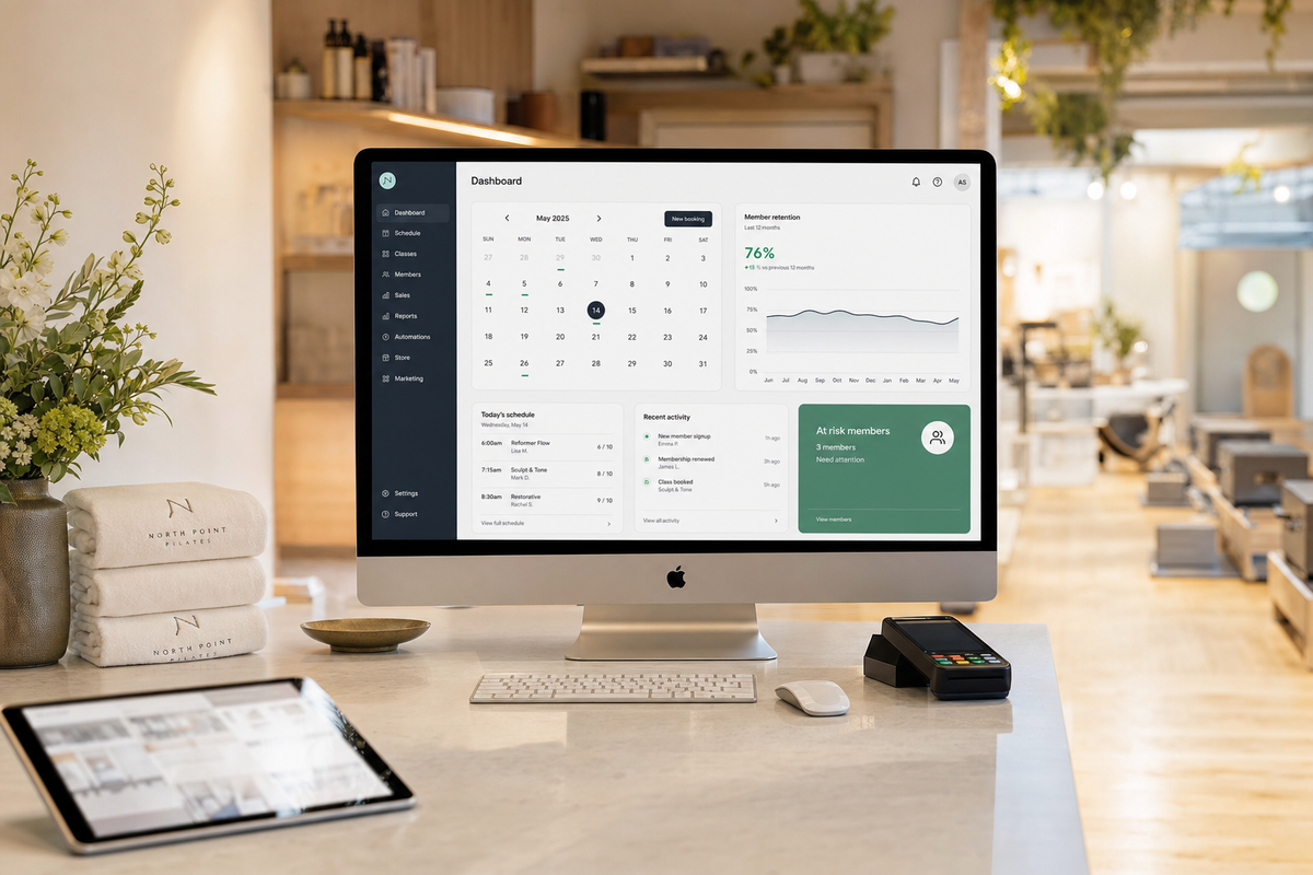 Vibefam AI Business Dashboard surfacing churn risk, revenue trends, and recommended actions