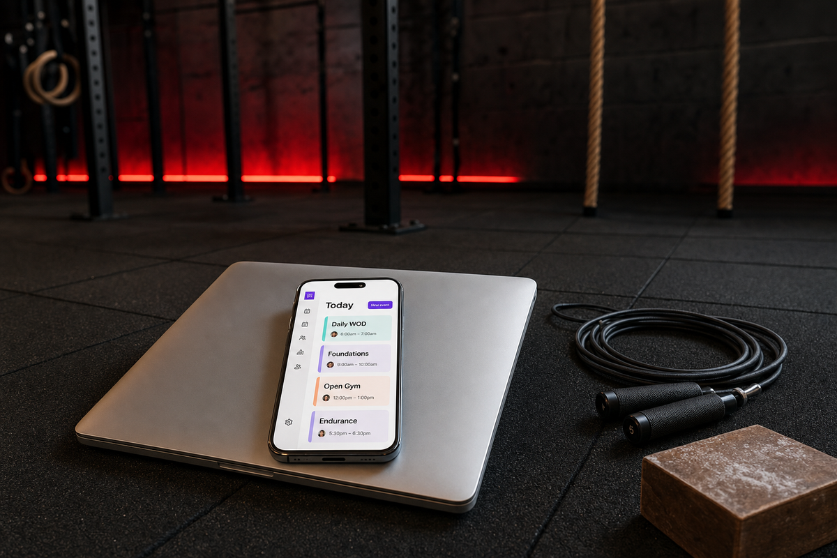 Close-up of a smartphone resting on a closed laptop on a black rubber-tile gym floor, phone screen displaying the Vibefam schedule (Daily WOD, Foundations, Open Gym, Endurance) with a coiled jump rope and chalk block beside it and a pull-up rig in the background lit by a deep red LED strip.