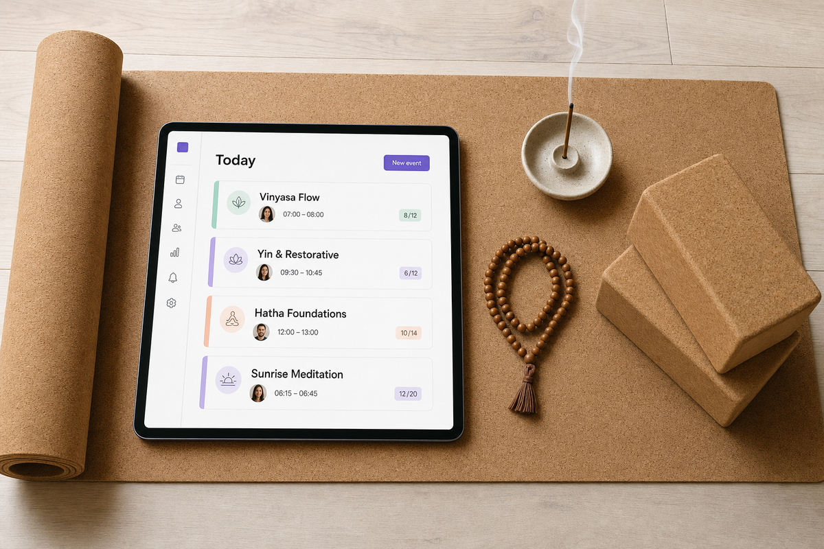Top-down flat-lay of an iPad on a cork yoga mat showing the Vibefam class schedule (Vinyasa Flow, Yin & Restorative, Hatha Foundations, Sunrise Meditation), beside a mala bracelet, cork yoga blocks, and an incense holder.
