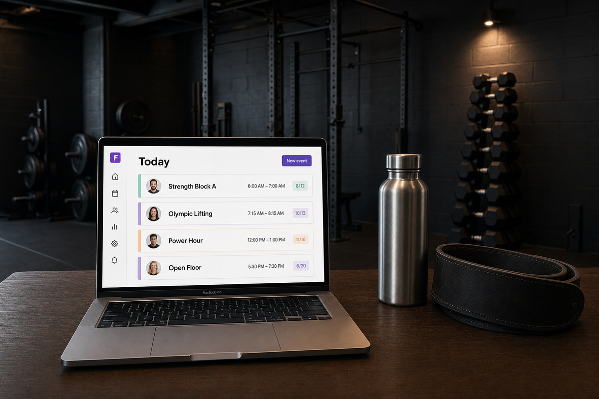 Eye-level view of a MacBook on a dark walnut desk in a moody premium strength gym, screen showing the Vibefam class schedule (Strength Block A, Olympic Lifting, Power Hour, Open Floor) beside a stainless-steel water bottle and a folded leather lifting belt.