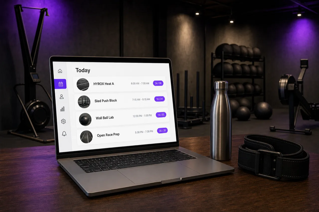 Vibefam HYROX schedule on a laptop in a boutique HYROX gym with SkiErg, sled, sandbag, wall ball, and rower visible